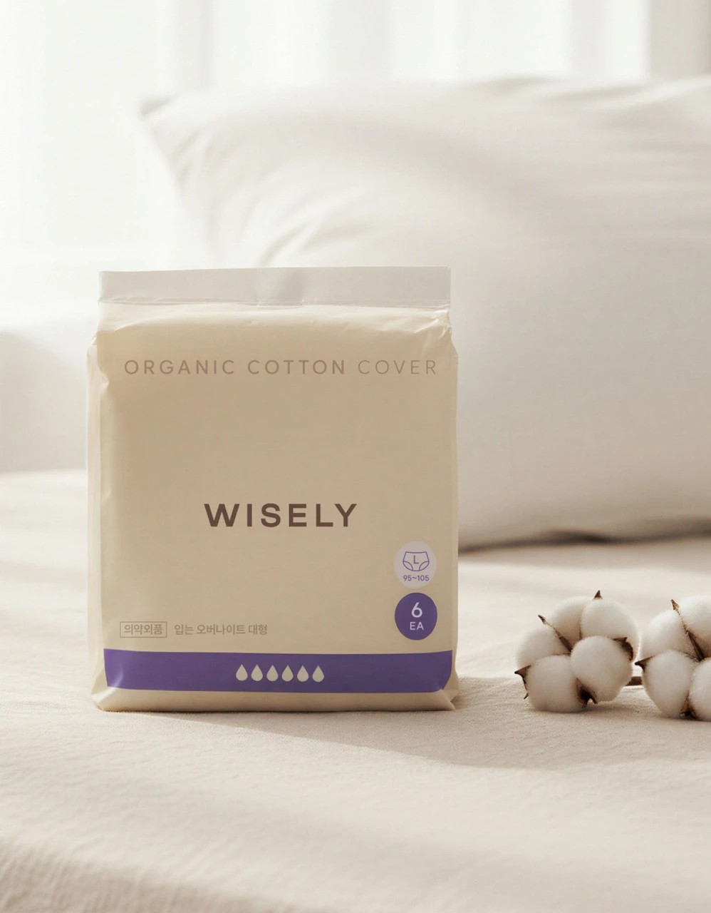 100% 유기농 순면 무표백 입는 오버나이트 대형 (6개입*2팩)