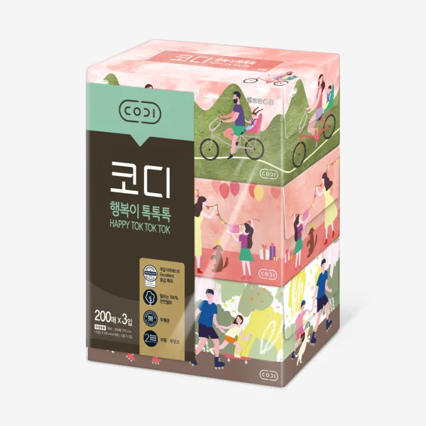 코디 행복이 톡톡톡 천연펄프 각티슈 2겹, 200매 3개